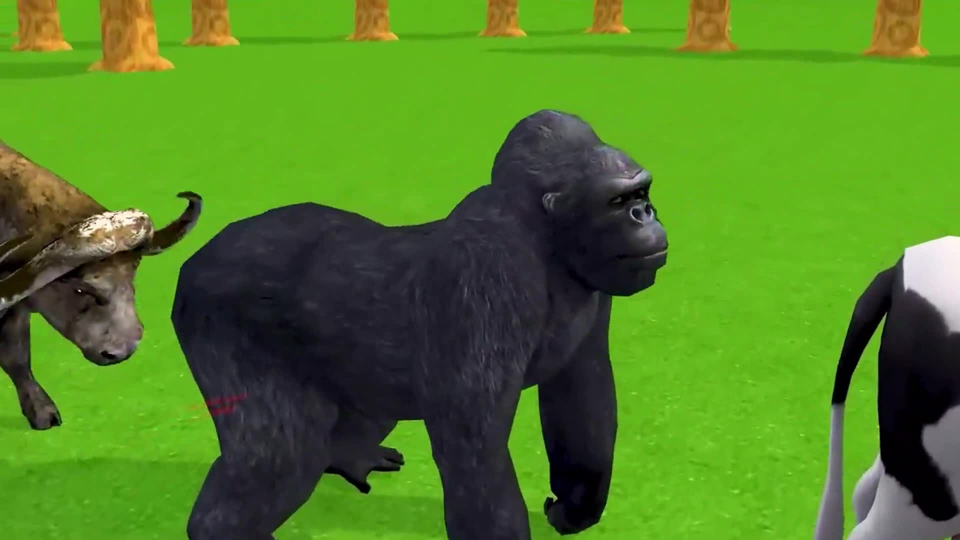 Look at these playful animals—gorilla, buffalo, and cow—having fun in the sunny park! They’re all walking together on the green grass, making it a happy scene for little ones to enjoy! 🐾😊