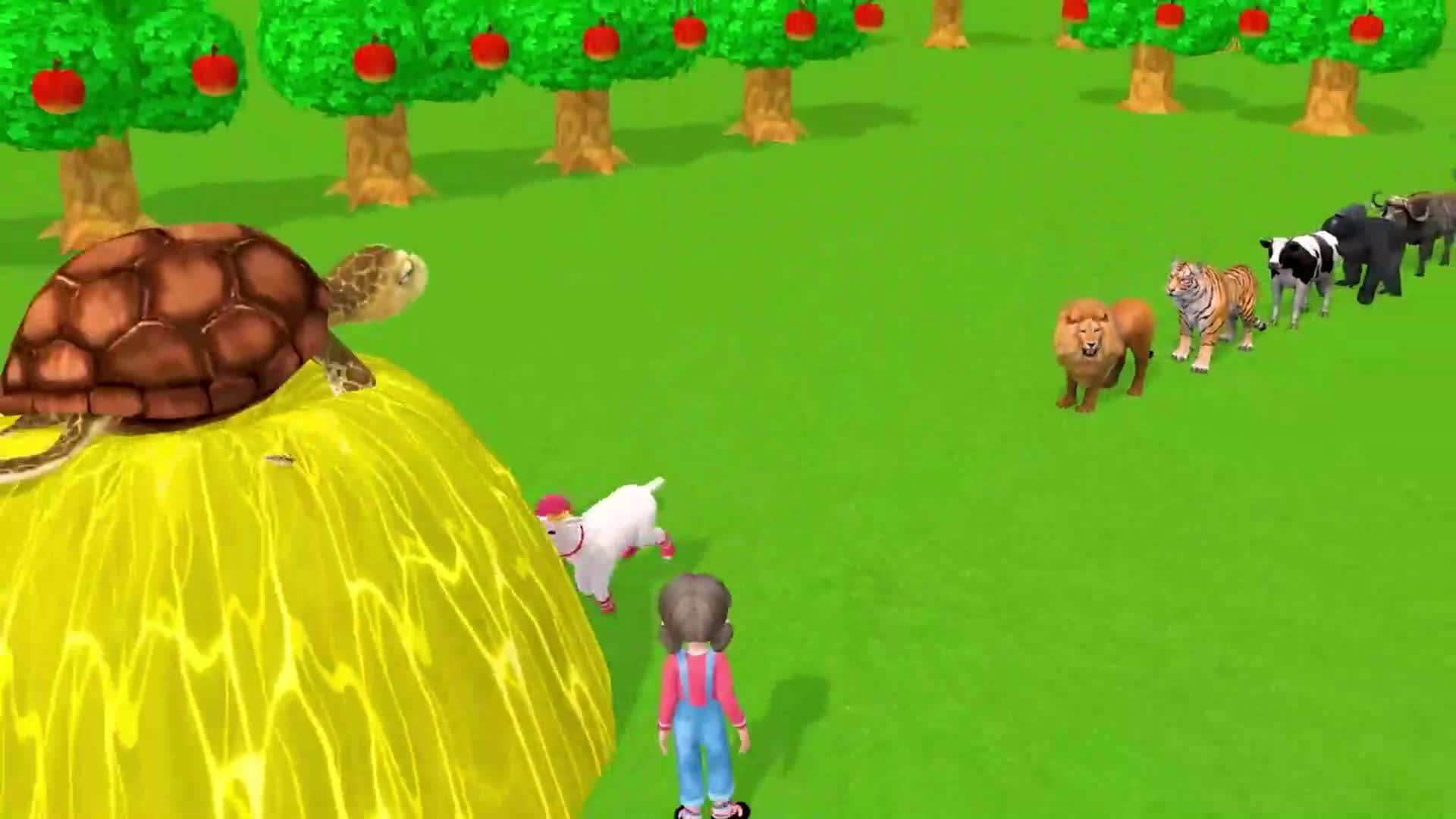 A little girl and her animal pals—turtle, sheep, lion, tiger, and others—enjoy a sunny day in a green orchard! They play, explore, and have fun near apple trees, making happy memories together. 🌟