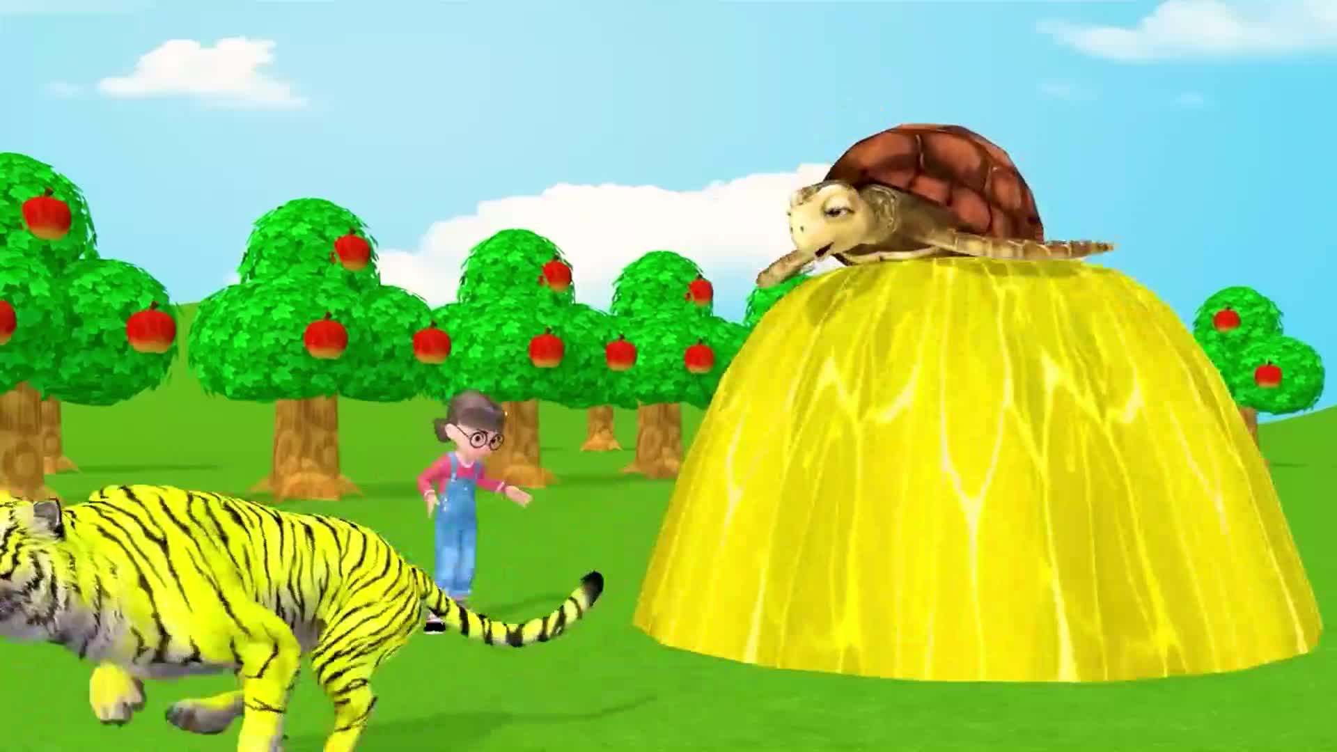 A sunny day in the green apple orchard! 🌞 A little girl with glasses 👧 meets a friendly yellow tiger 🐯 and a slow, smiling turtle 🐢 resting on a big golden hill. Watch their fun, gentle adventure together—full of joy and friendship! 🥰