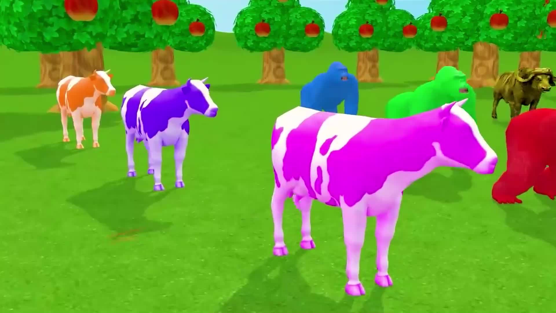 Watch colorful cows (pink, purple, orange), blue and green gorillas, and a brown buffalo play on a green grassy farm with apple trees 🍎🌱! A fun way for kids to learn colors and animal names while seeing these vibrant creatures together.