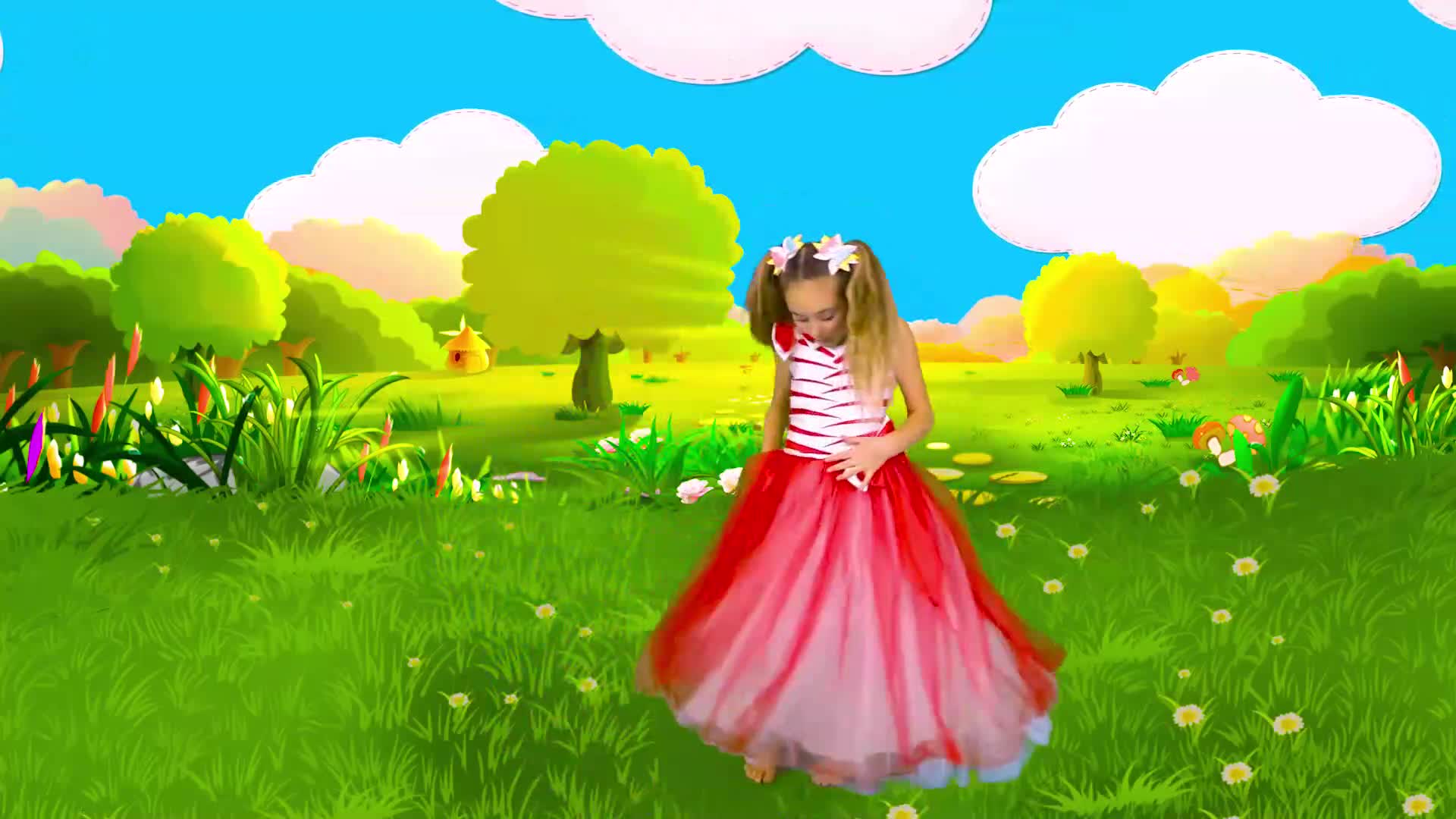 Watch this sweet little girl twirl and dance in a colorful, enchanted meadow! 🌱 With soft green grass, blooming flowers, and a sunny blue sky, she looks like she's in a fairy tale. 🌈 Her pretty red and white tulle dress sparkles as she spins—so magical and happy! 🦋