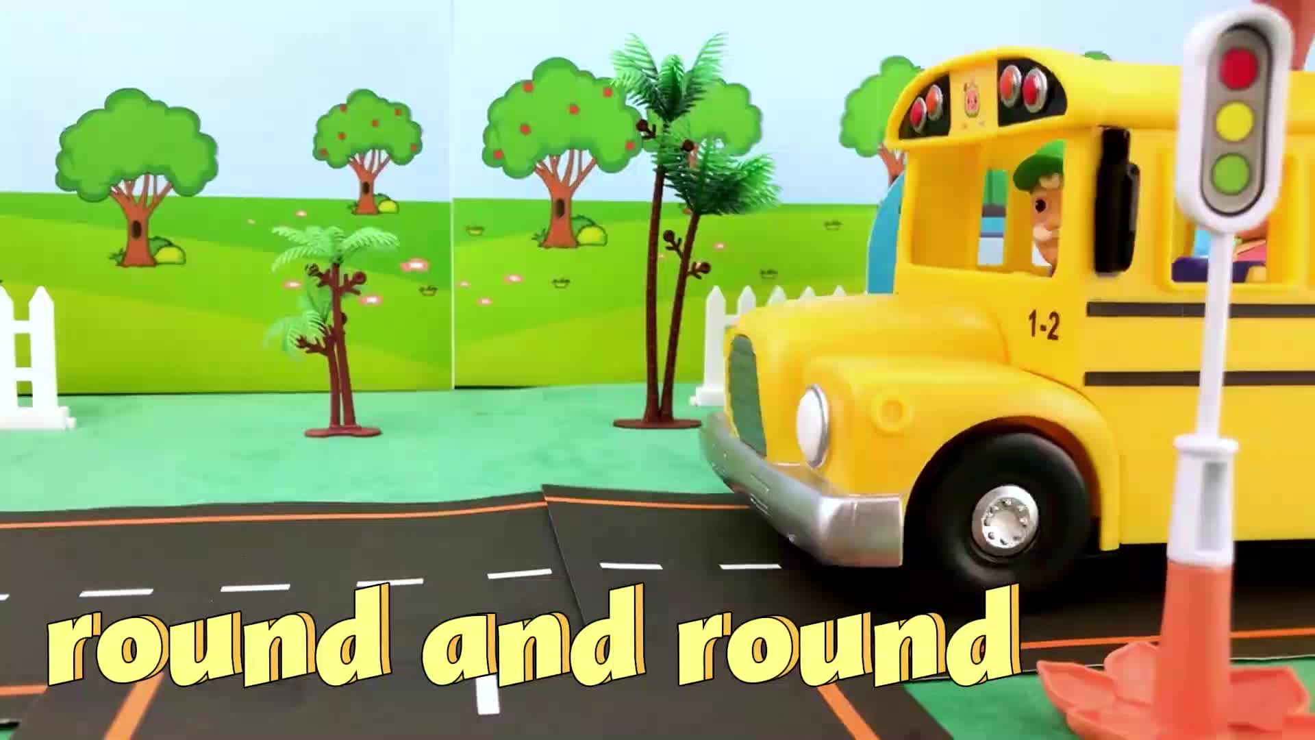 Watch a bright yellow school bus drive round and round the playground! With colorful trees, a traffic light, and fun sounds, this playful video teaches kids about shapes and movement. Join the little bus as it spins, turns, and explores—perfect for early learning and giggles! 🚀