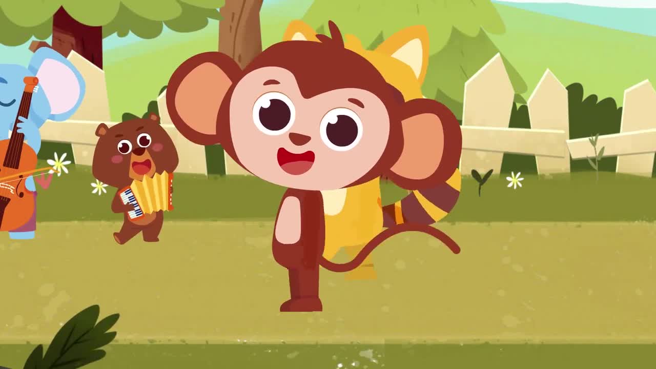Join the jungle friends for a lively musical party! 🎶 A cheerful monkey, a happy bear with an accordion, and a playful elephant with a cello play their instruments under the sun. They dance, sing, and enjoy the grassy field with a white fence nearby. What a joyful day of music and fun! 😊