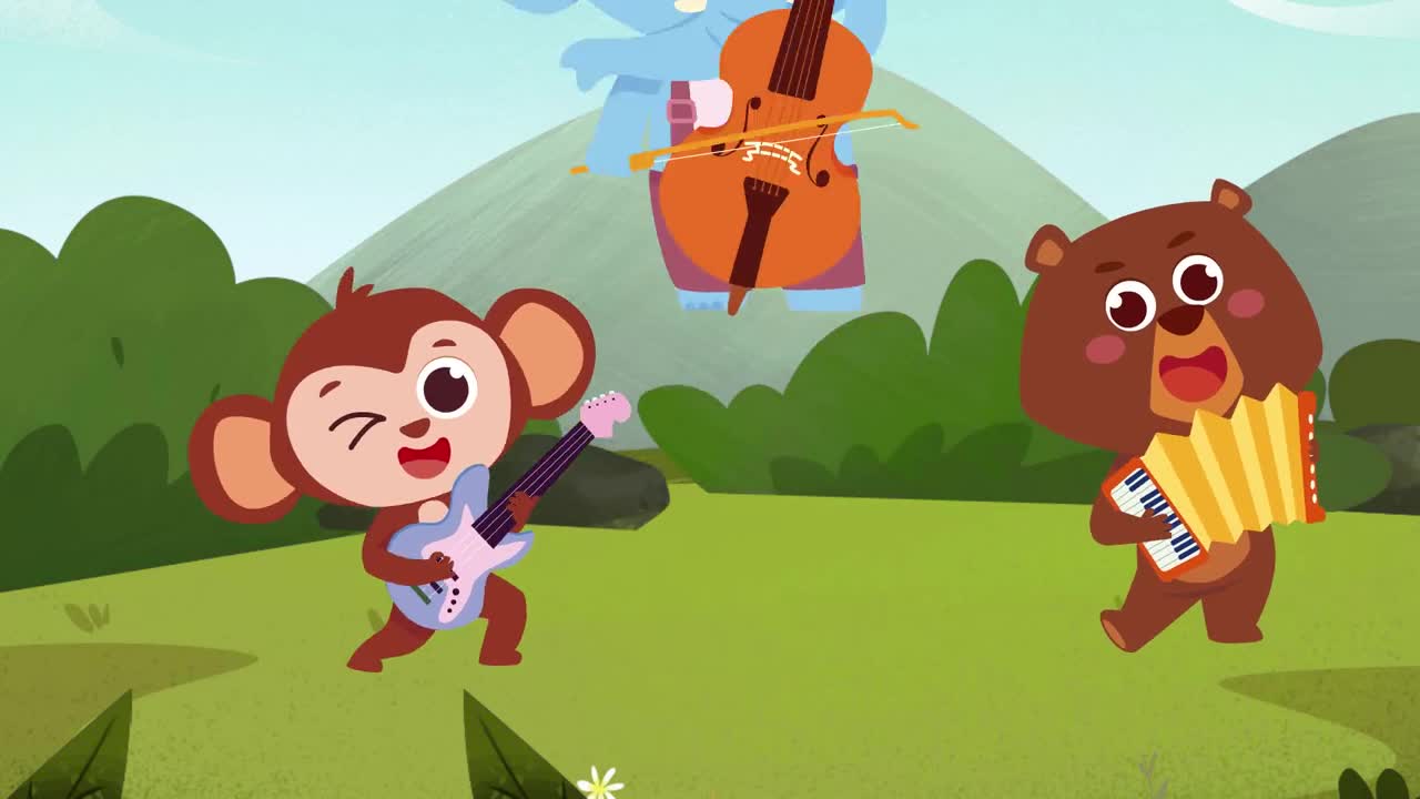 Look at these cute little animals having a wonderful time! A playful monkey is strumming his guitar ๐ธ, a fuzzy bear is squeezing his accordion ๐น, and a blue friend is jamming on the cello ๐ป. Theyโre all singing, dancing, and making beautiful music together in the green meadow under the sunโwhat a joyful musical adventure! ๐ถโจ