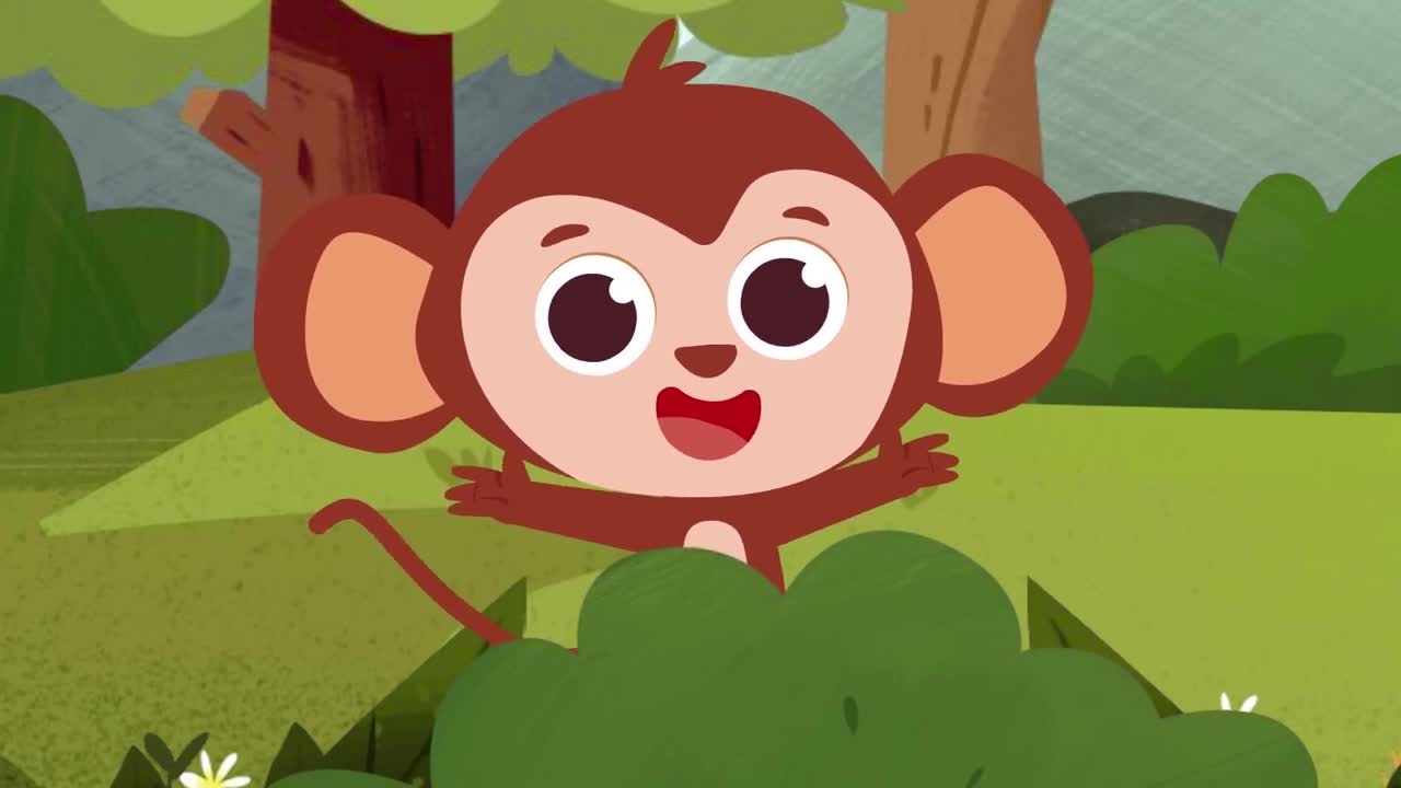 A cute little monkey with big, happy eyes is playing in the forest! He's standing among green bushes, with trees and grass around, ready to have fun and explore. A joyful adventure for kids to enjoy! 🌿🐒