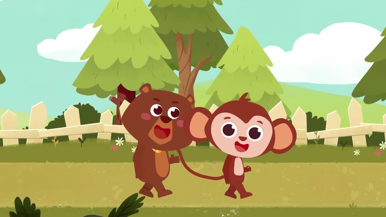 Look at these cute friends—Little Bear and Little Monkey are exploring a beautiful forest together! They walk hand in hand, giggle at the flowers, and point at the tall trees. It's a sunny day full of joy and friendship! 🌿✨😄