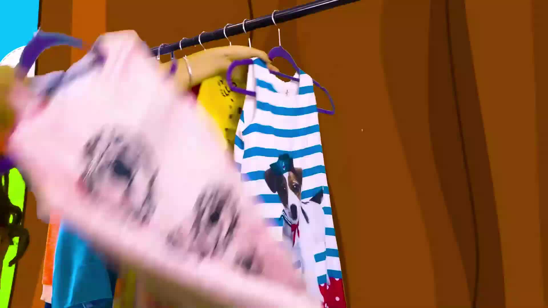 Look at all these fun kids' clothes! 🎀 Bright colors, cute doggy patterns, and colorful stripes—perfect for dress-up play! Let's pick the best outfit together! 😊