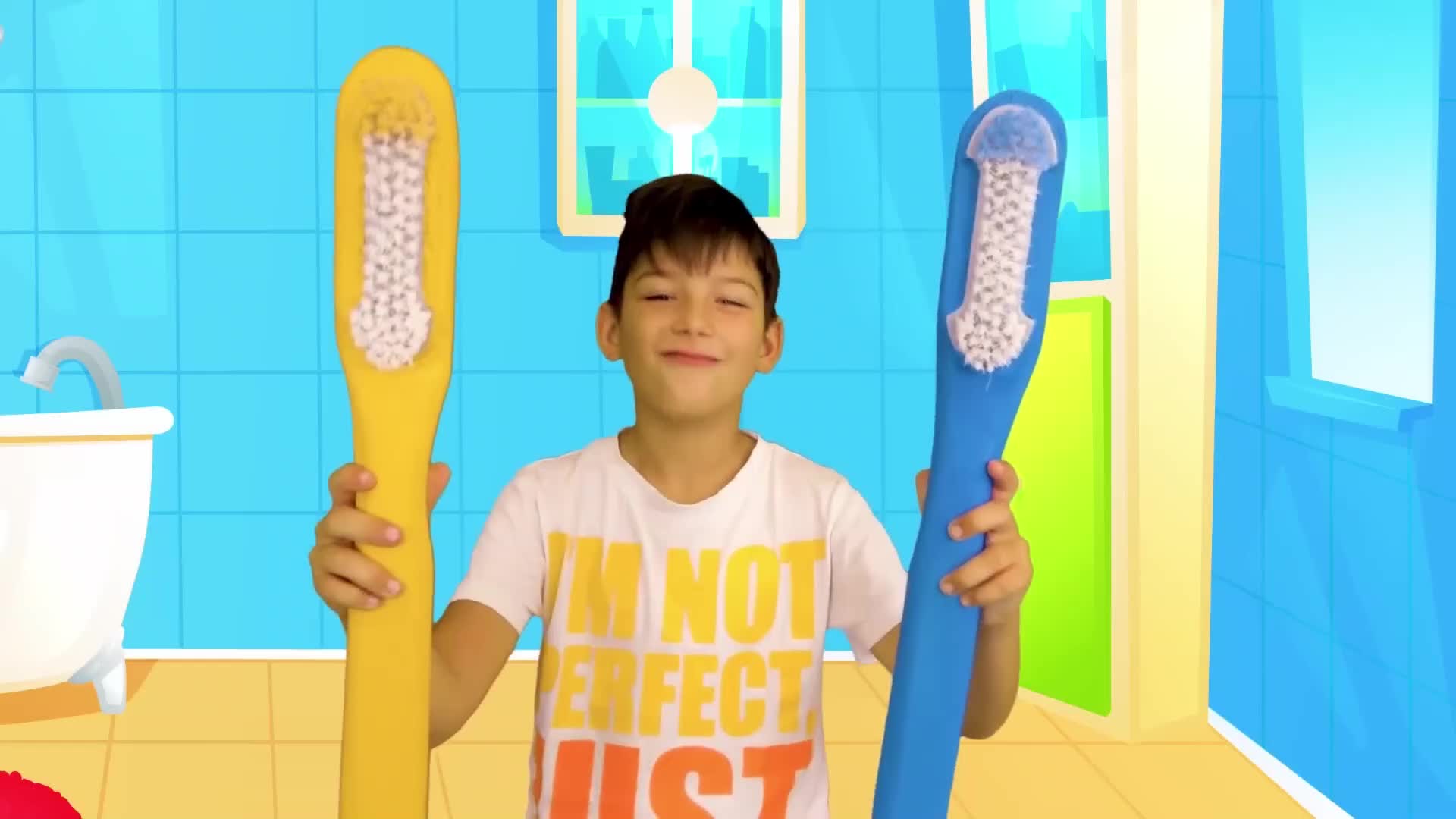 A little kid is having a ton of fun with giant toothbrushes! 🦷 He’s holding a yellow and a blue big brush, showing them off in a silly, playful way—perfect for a fun morning routine or learning how to brush teeth in a kid-friendly, happy way! 😊 #KidsToys #BrushingFun #SillyActivities