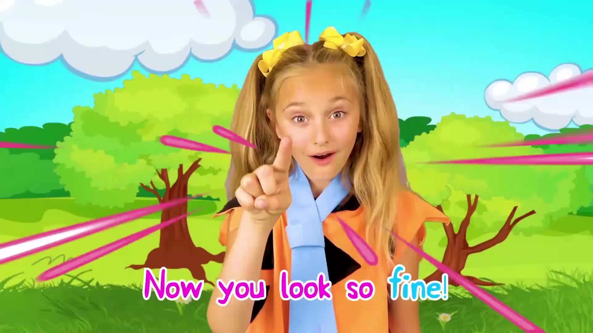 Join the cheerful girl Mia in this vibrant kids' video! Set against a colorful cartoon background with green trees and sparkly pink rays, Mia shares a fun message: 'Now you look so fine!' Sing, dance, and learn to feel amazing with this upbeat, positive tune—perfect for little ones! 🎶🌈 #KidsSongs #HappyVibes #LookSoGood