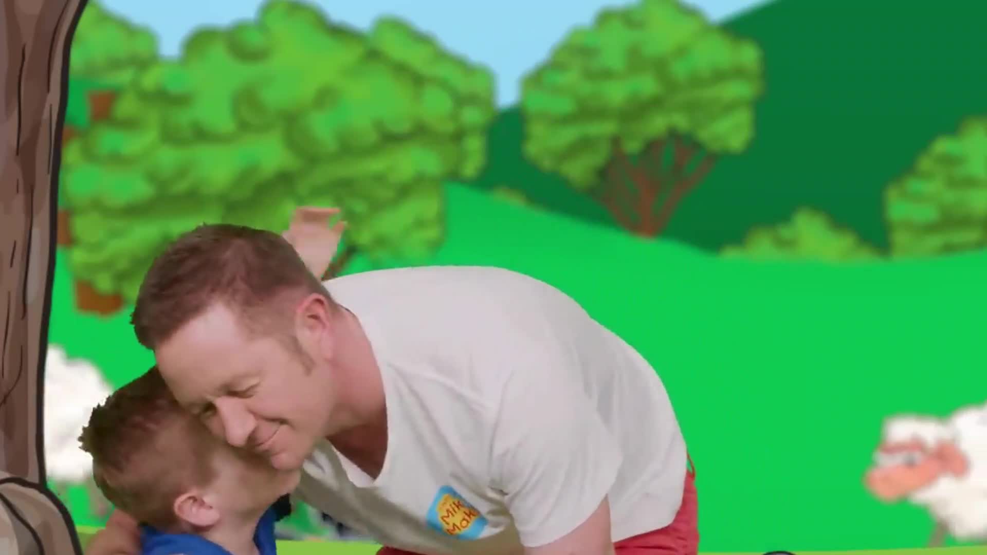 A warm moment as dad and his little boy share a cozy time under a tree in a bright, animated meadow! They giggle, hug, and enjoy the sunny day—ideal for little hearts and happy families! 🥰🐑