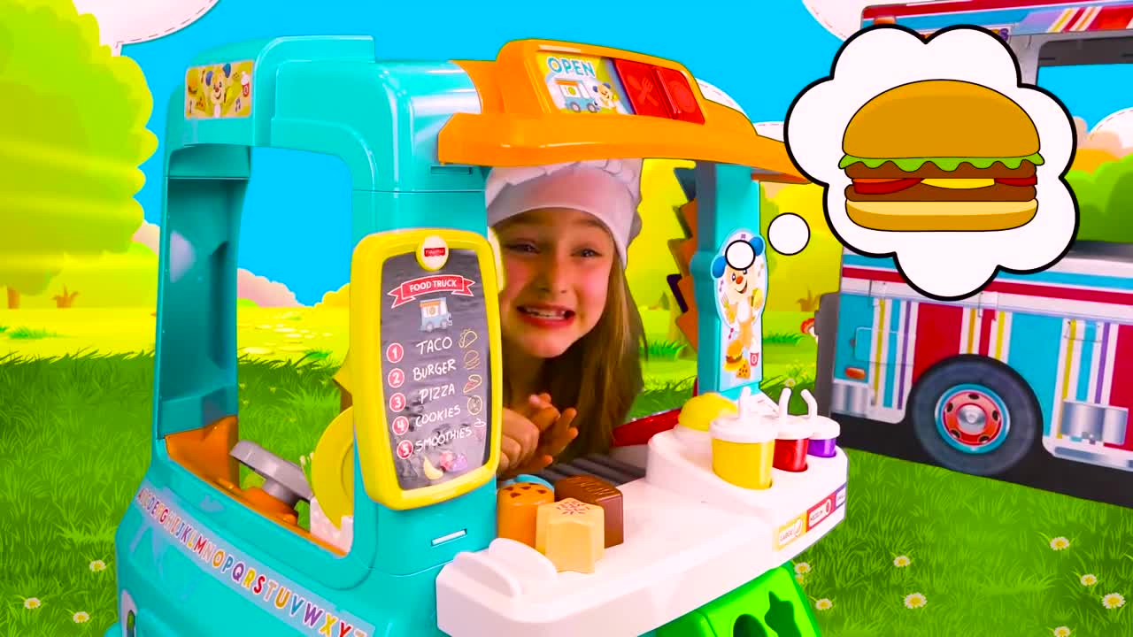 Watch this adorable little chef run her super fun play food truck! She’ll serve up delicious pretend treats like burgers, tacos, pizza, cookies, and smoothies – all with her colorful toy kitchen set. It’s a playful, interactive journey that’s perfect for tiny food lovers! 🚚✨