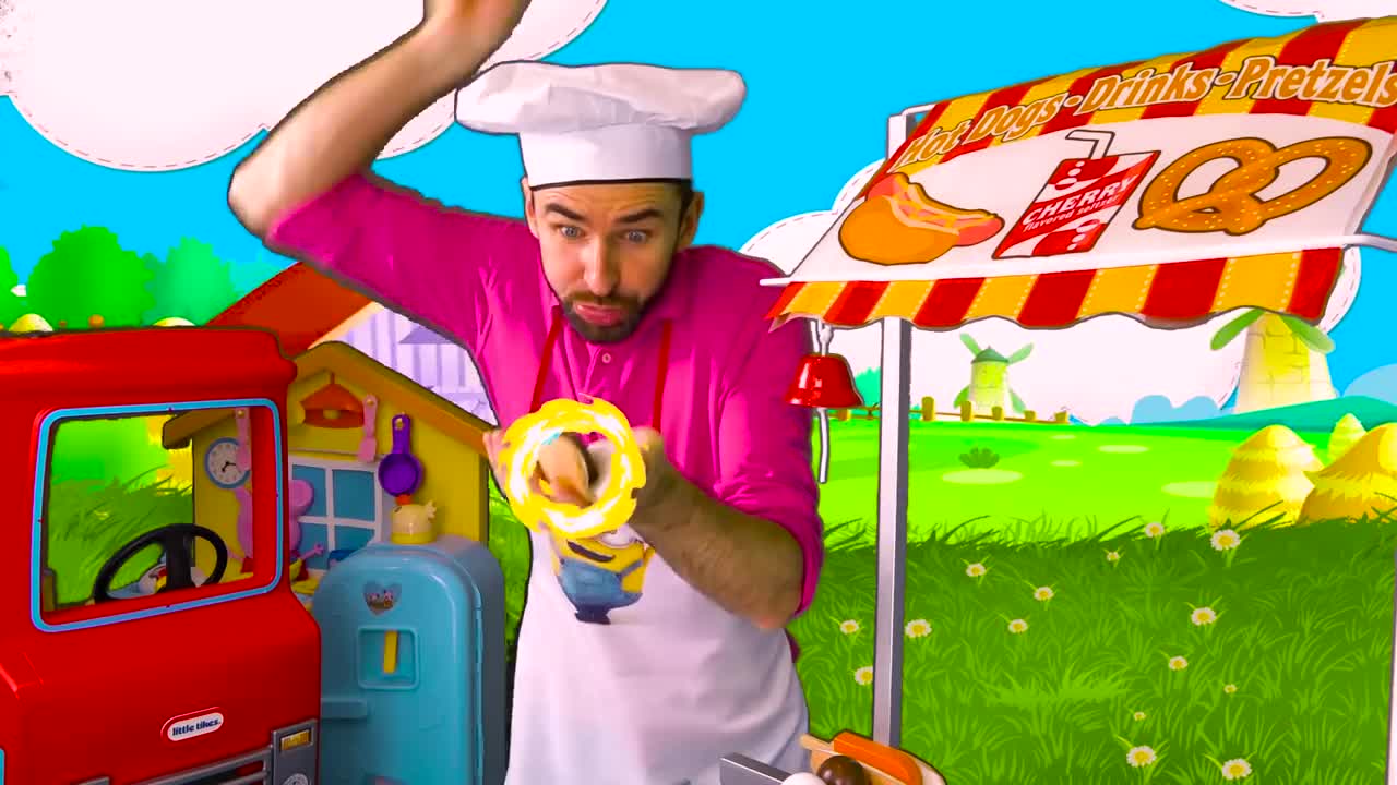 Hey little chefs! 👋 Join Chef Ryan at his fun food truck! 🚚 Watch him spin, fry, and make the yummiest hot dogs with cool toppings! 🌭 There's drinks, pretzels, and lots of playful cooking fun—great for kids! 🍟✨ Let's cook along! 🎉