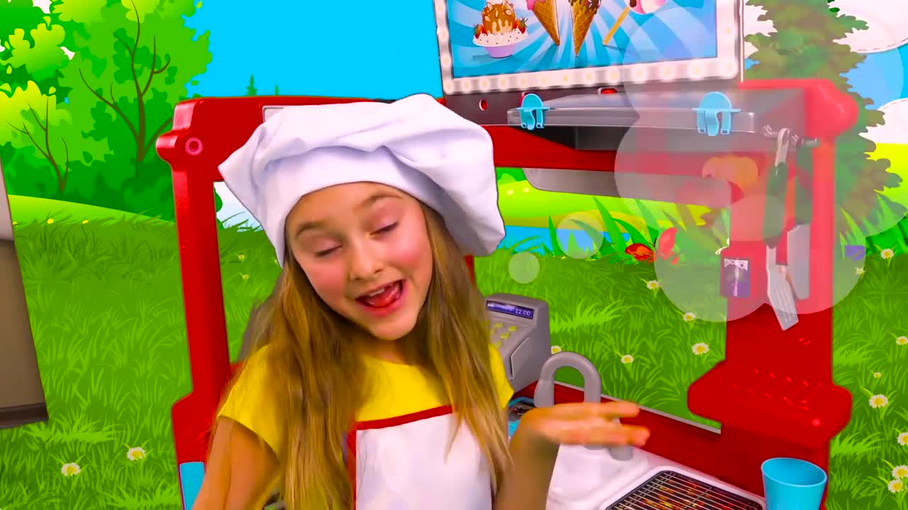 Watch this adorable little girl in her play ice cream truck! 🍦 She’s all ready as a chef with a white hat and apron, pretending to make and sell delicious ice cream treats. The colorful cartoon background with green grass and trees makes it super playful! 🌱 She’ll show you how to ‘cook’ and interact, perfect for little ones who love role play! 👩🍳 Let’s join her in this sweet kitchen adventure! 🎪