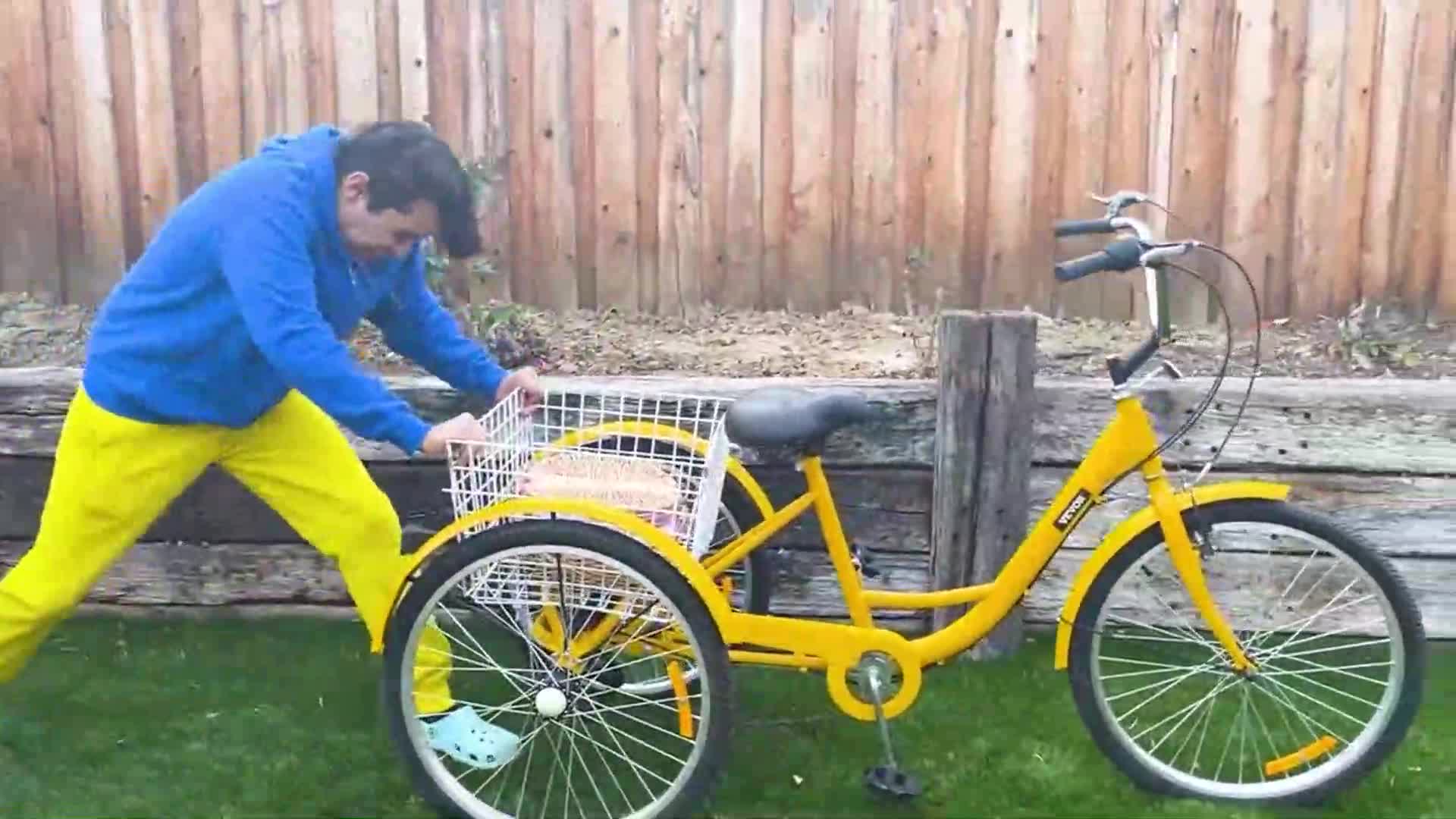 Watch as someone in a blue hoodie and bright yellow pants pushes a cheerful yellow tricycle with a white basket, all set for a playful day in the yard! 🌱🎈