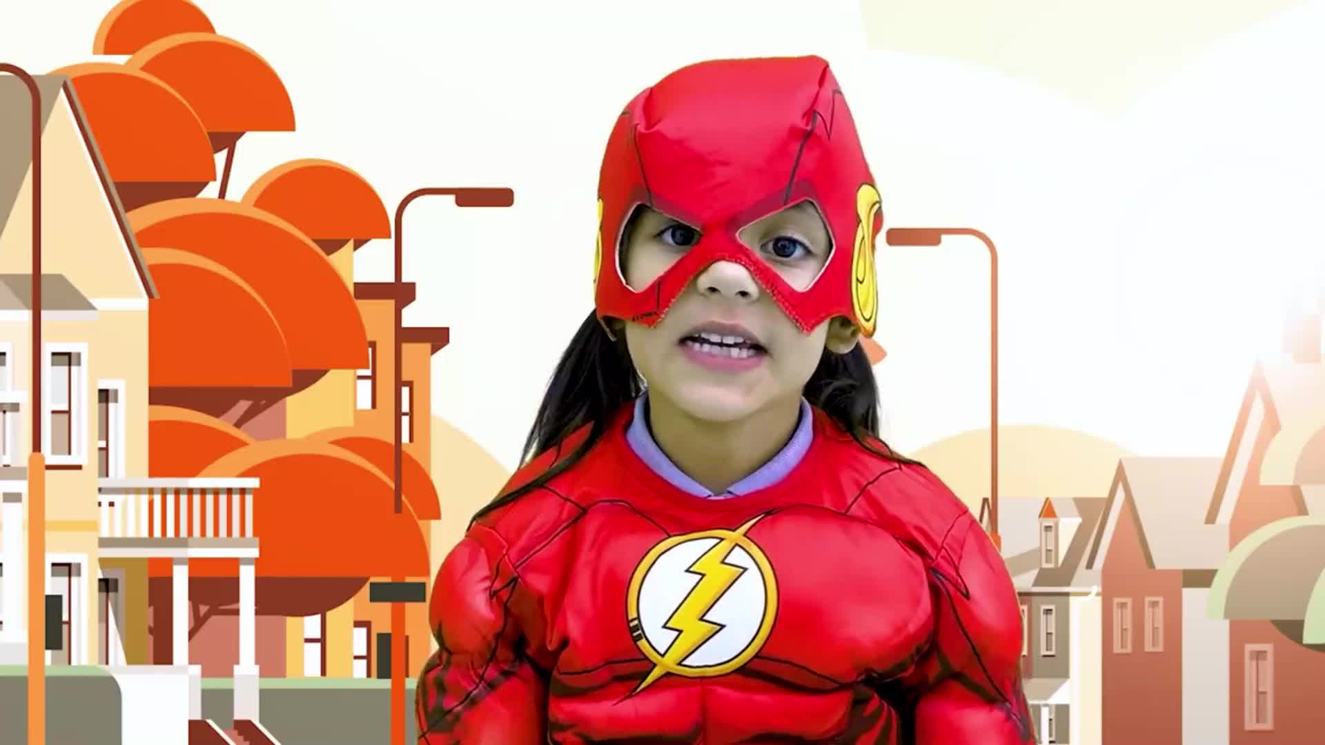Watch this adorable kid dressed as The Flash! In a bright, cartoon-style town with cute houses, orange trees, and street lamps, she runs, grins, and plays the part of a real superhero—so much fun! Join her adventure and be the best hero together! 🚀💨