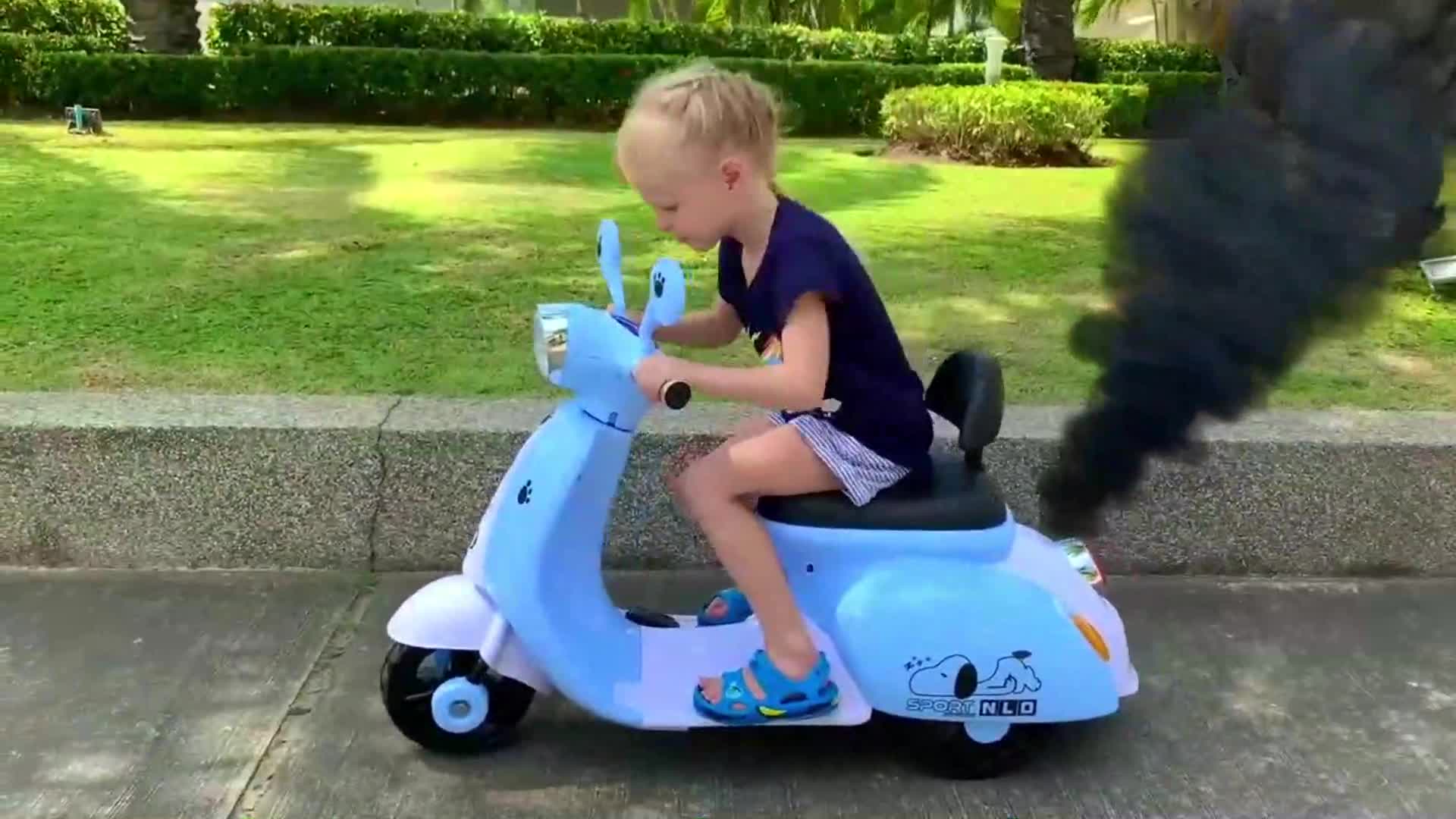 A cute little boy enjoys riding his blue toy scooter in a sunny park! He looks so happy as he cruises along the sidewalk, with a fun smoky effect behind him. It's a perfect day for some outdoor playtime with his cool scooter! 😊