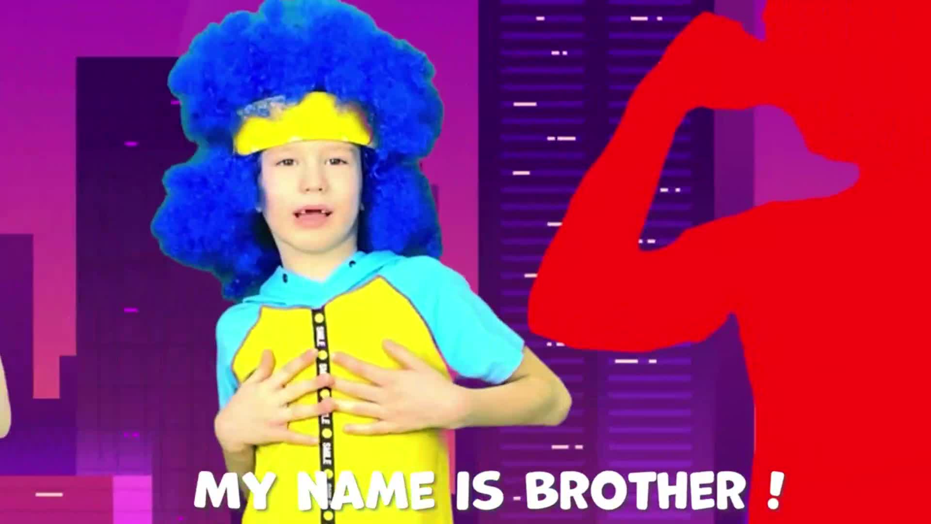 A little dancer with a bright blue curly wig and yellow headband is singing and dancing happily! With the catchy line 'MY NAME IS BROTHER!' and a lively city background, this video is full of energy and fun for kids. Perfect for a cheerful sing-along or dance time! 🎶💃
