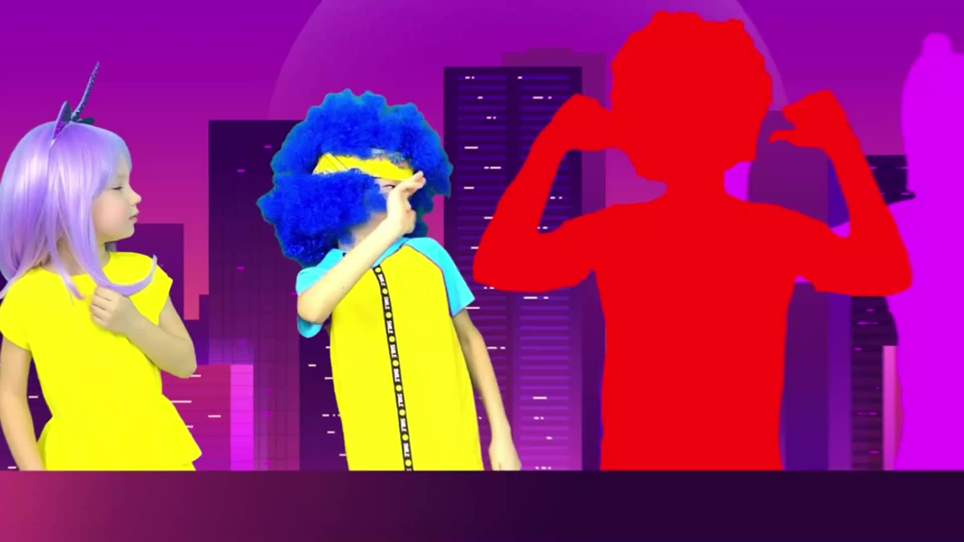 Two adorable kids with fun wigs (purple unicorn & blue afro!) and bright yellow outfits play a lively guessing game—they try to copy the cool dance moves of a mysterious red silhouette! With neon city vibes and lots of giggles, this is a super fun kids' video full of play and movement! 🎶✨