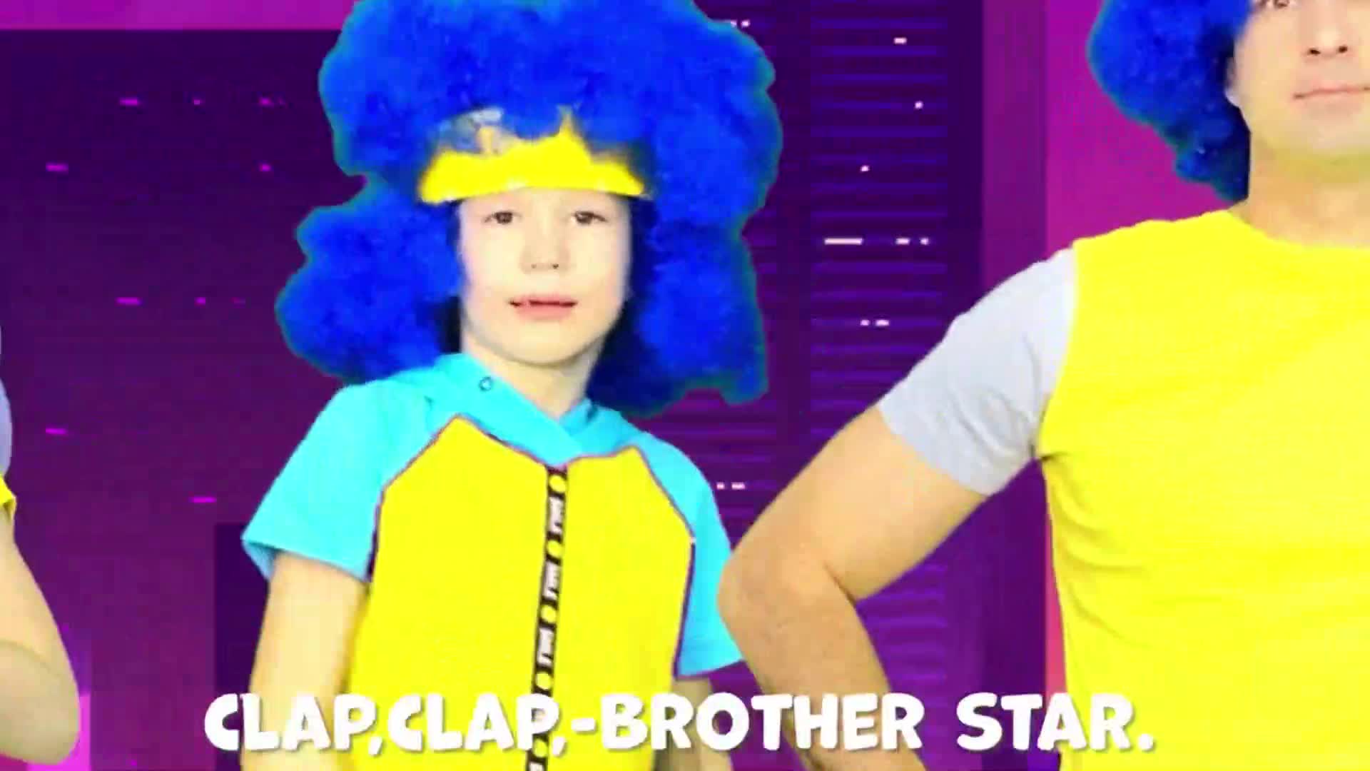 Cute kids with big blue wigs 👧👦 are dancing and singing 'Clap Clap, Brother Star'! They wear colorful outfits (yellow and blue) and move to a cheerful rhythm—ideal for little ones to enjoy and maybe join in the clapping! 💥✨