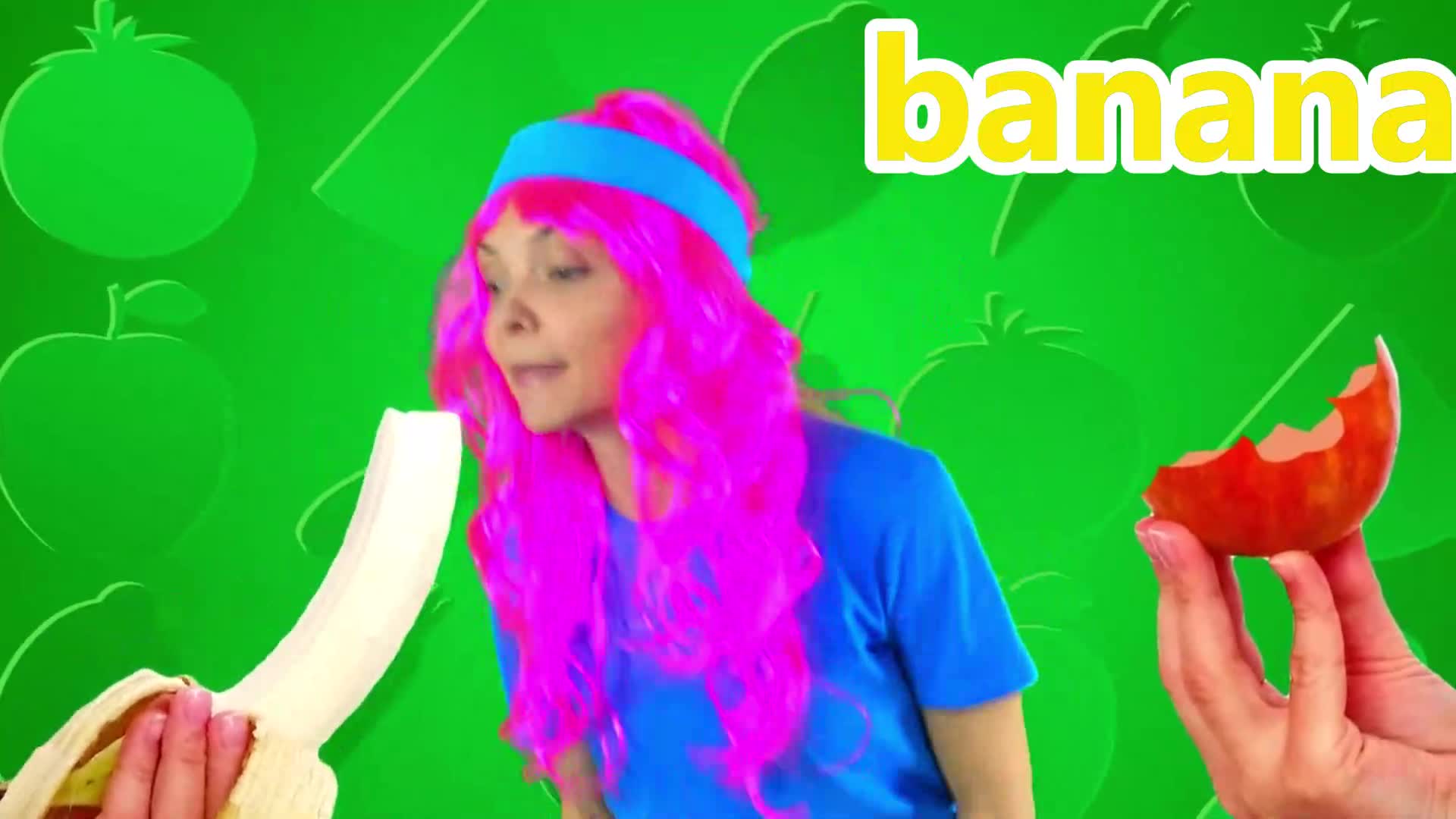 Join our colorful friend with pink hair as she shows off fresh fruits! Watch her eat a sweet banana 🍌 and a crunchy apple 🍎, and learn new words about colors and fruits. Perfect for little kids learning through play! 🎨✨