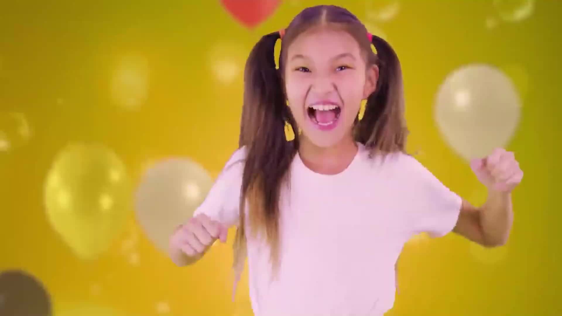 A joyful young girl with pigtails is jumping and celebrating! She's wearing a white T-shirt and has a big smile, with colorful balloons floating around her on a bright yellow background. Full of energy and happiness, this moment is perfect for a fun party or celebration! ๐ฅณ๐