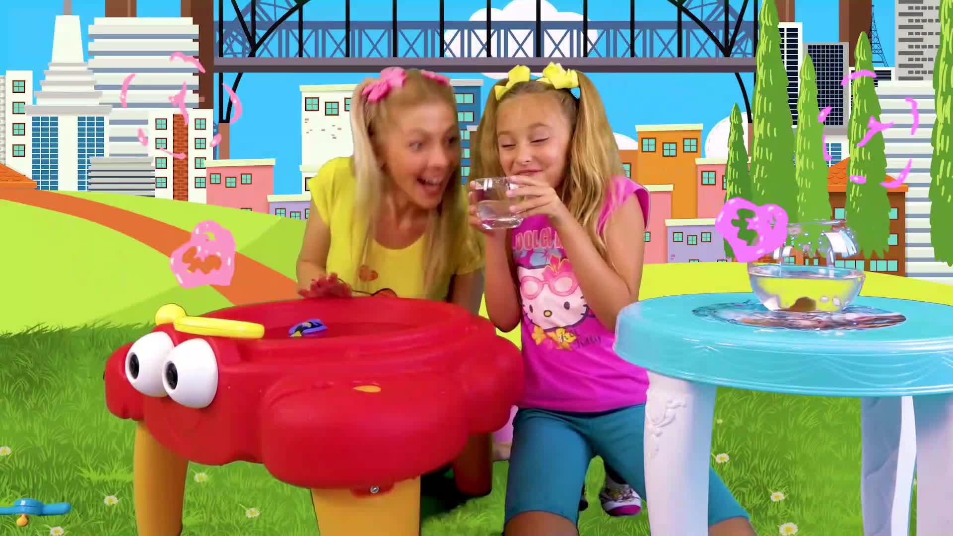 Two little girls are having a wonderful time playing with water! Theyโre enjoying a colorful water table with googly eyes and a cute fish bowl, surrounded by playful bubbles and a fun cartoon city backdrop. So much joy and laughter in this awesome water play adventure! ๐ฅณ๐ฆ๐
