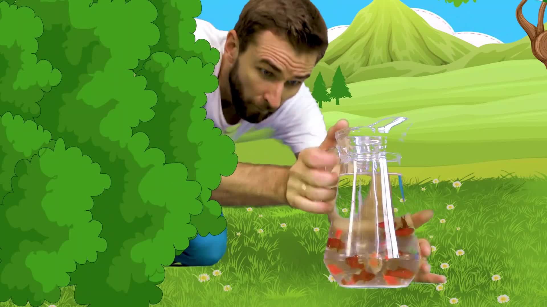 Watch this fun man explore little red fish in a clear jug in a magical cartoon garden! 🌳 He's showing us the fish in a playful, colorful outdoor scene—perfect for kids who love animals and adventures! 🔬✨