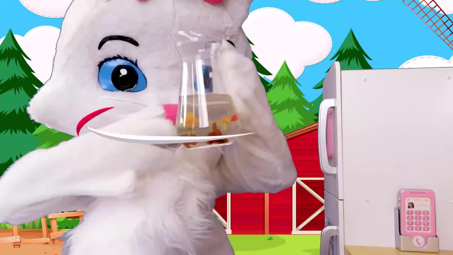 Join the cute white bunny in a playful kitchen experiment! 🐇 With a colorful farm background (green trees, red barn, blue sky 🌱🏡), the bunny mixes ingredients in a glass, creating a yummy drink! 🍹 Watch and enjoy this magical, kid-friendly adventure! ✨