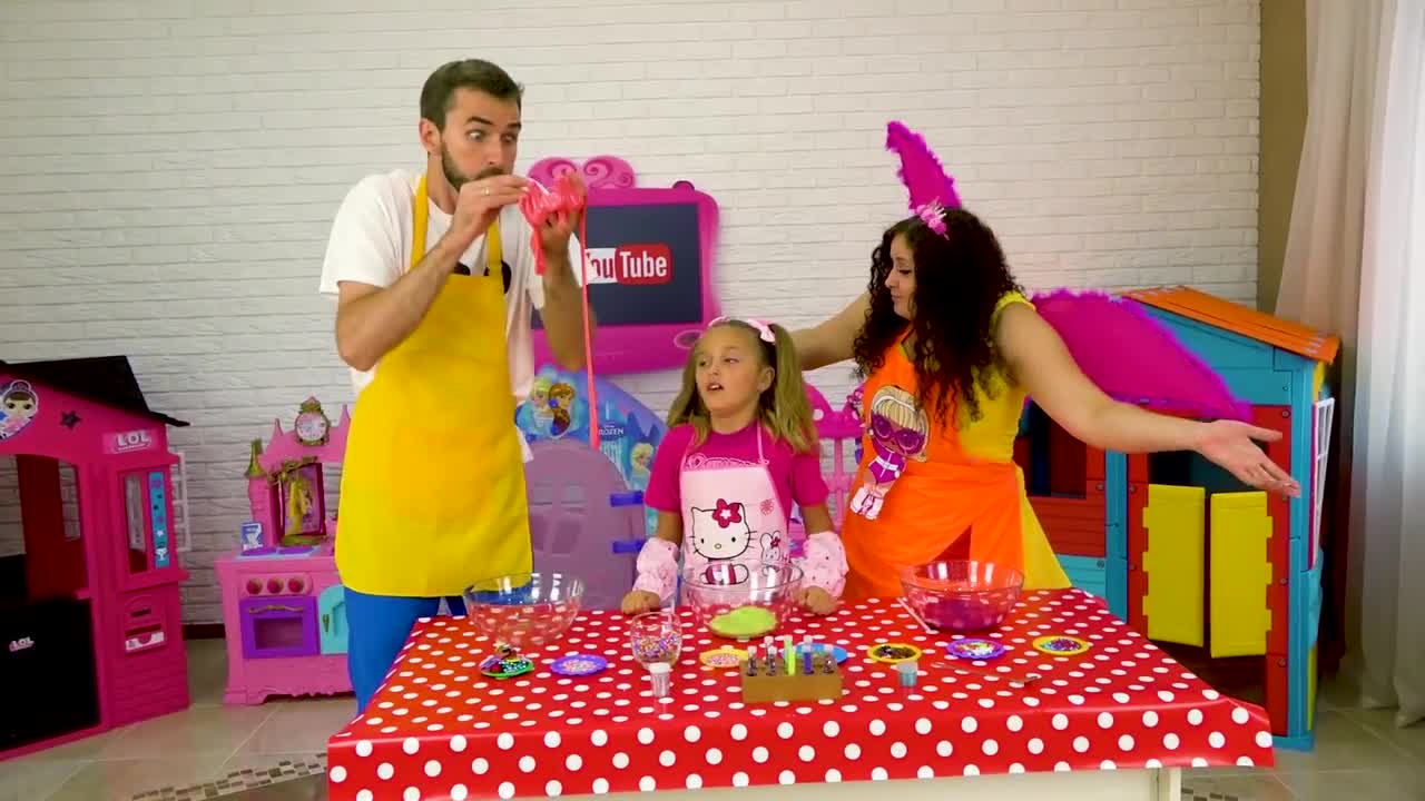 Watch the family have a blast making colorful slime together! Dad, Mom, and their little girl mix, squish, and add fun stuff like sprinkles and glitter to create the squishiest, pinkest slime ever! ๐ Perfect for slime lovers and family playtimeโso satisfying to watch! ๐โจ